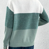 Two-tone long-sleeve sweater, crew back view with white upper section and green body