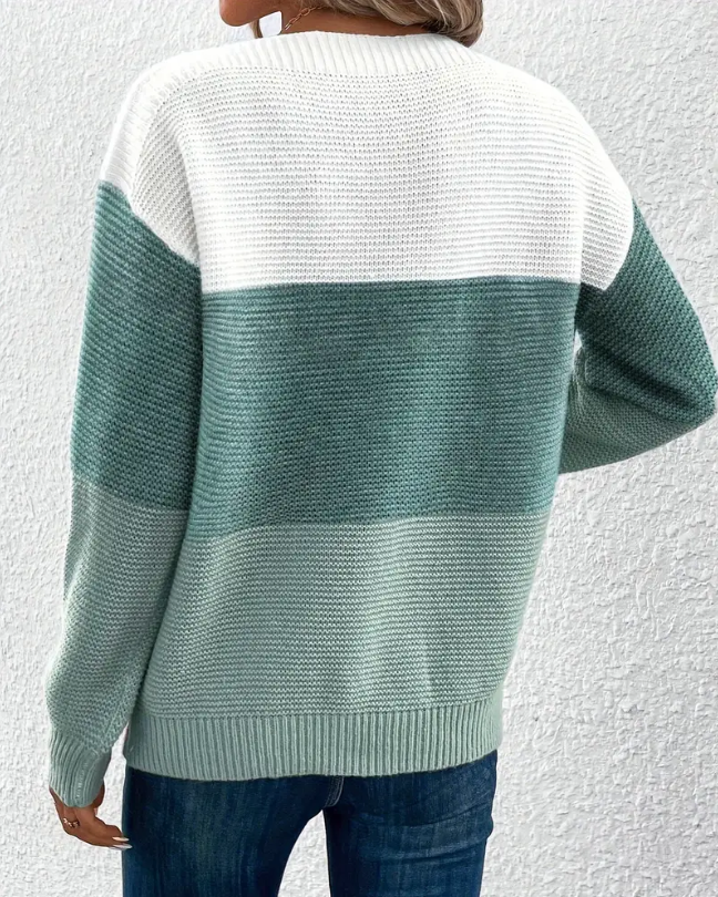 Two-tone long-sleeve sweater, crew back view with white upper section and green body