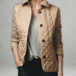 Beige quilted fall jacket with dark buttons and stand collar