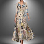 Saffie printed wrap dress, champagne floral pattern, V-neck, 3/4 sleeves
