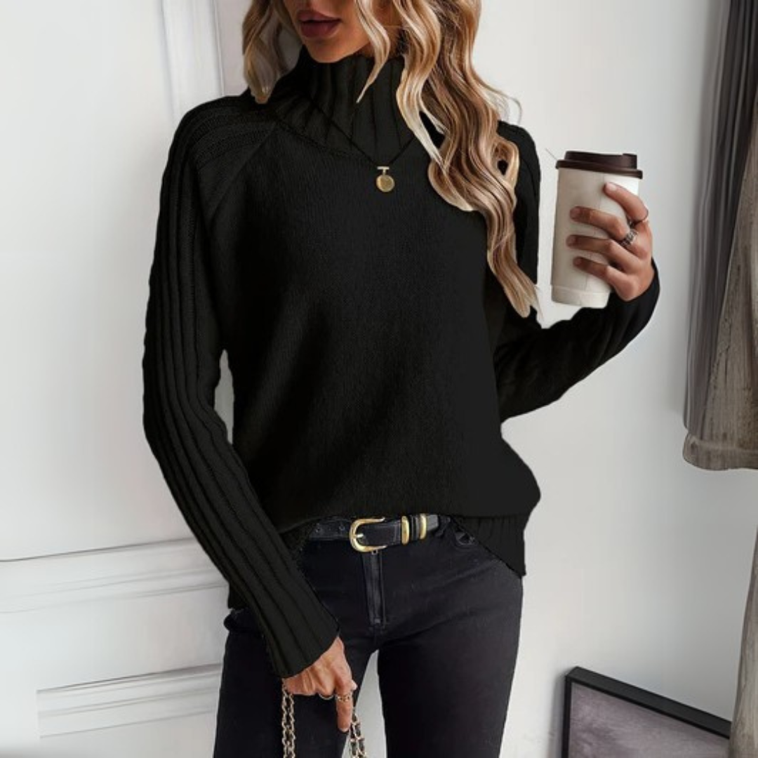 Black knit turtleneck sweater with long sleeves, textured knit and ribbed details