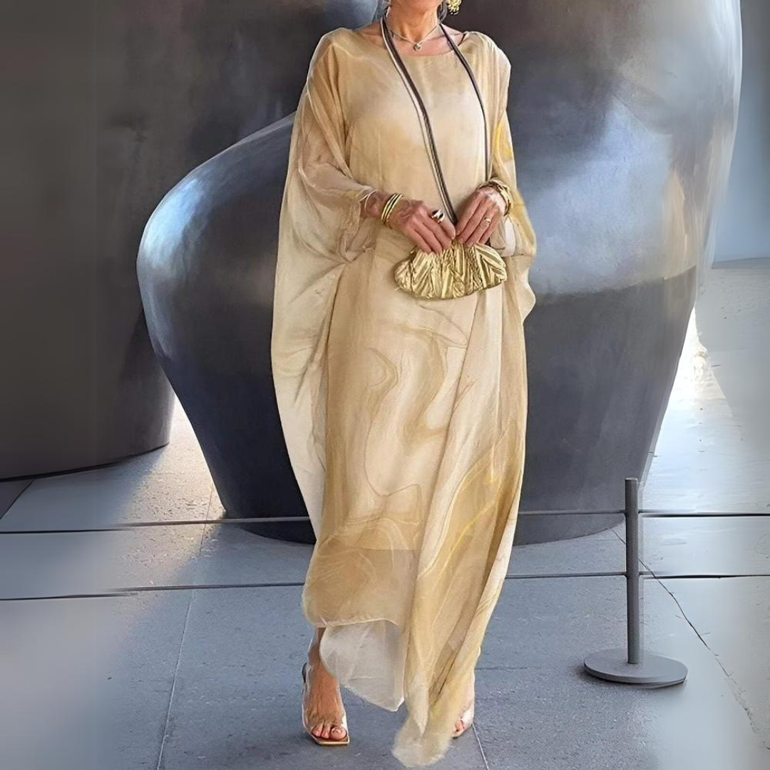 Cream silk chiffon maxi dress with long sleeves, round neckline, draped loose fit