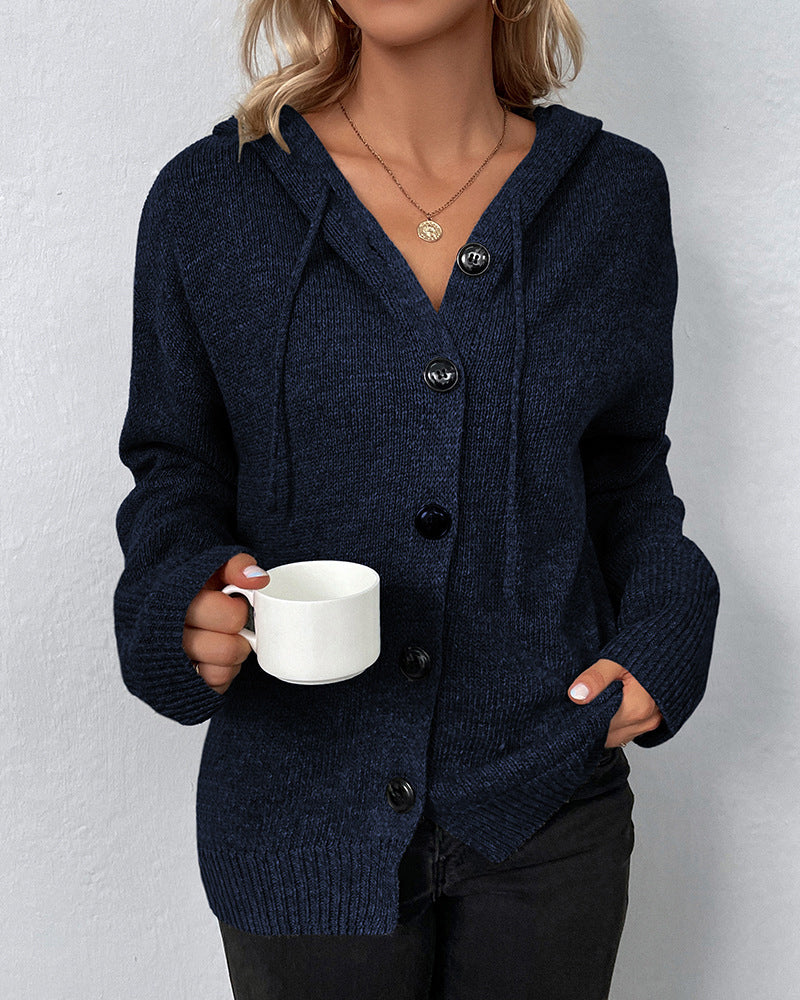 Navy hooded knit cardigan with button placket and ribbed sleeve cuffs