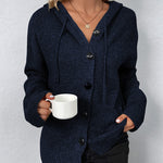 Navy hooded knit cardigan with button placket and ribbed sleeve cuffs