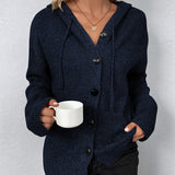 Navy hooded knit cardigan with button placket and ribbed sleeve cuffs