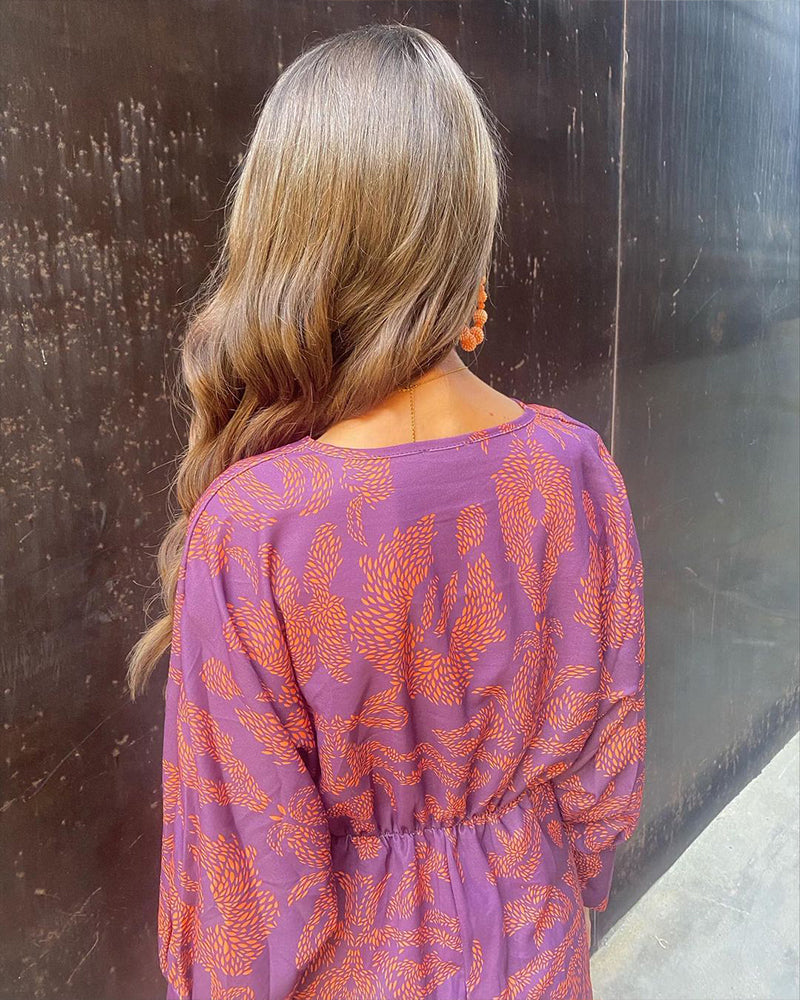 Lara™ elegant dress, purple with orange leaf print, long sleeves and gathered back