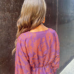 Lara™ elegant dress, purple with orange leaf print, long sleeves and gathered back