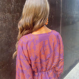 Lara™ elegant dress, purple with orange leaf print, long sleeves and gathered back
