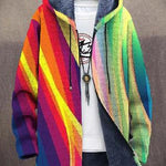 Rainbow striped hooded cardigan with open front and button closure