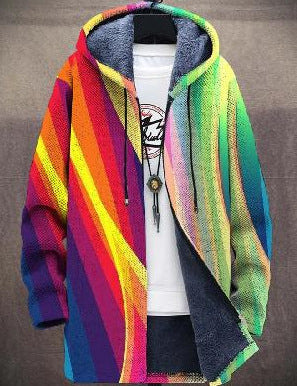 Rainbow striped hooded cardigan with open front and button closure