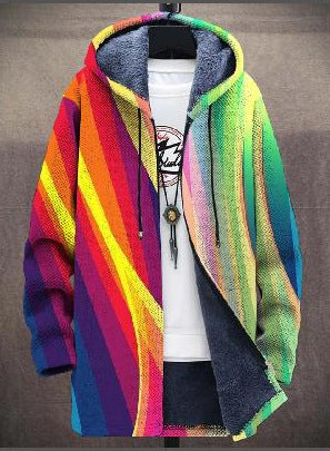 Rainbow striped hooded cardigan with open front and button closure