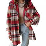 Plaid hooded shacket jacket with sherpa-lined collar, red and cream tones, button front