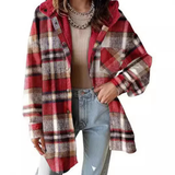 Plaid hooded shacket jacket with sherpa-lined collar, red and cream tones, button front