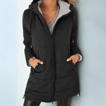 Black hooded puffer down jacket with full-zip front and side pockets