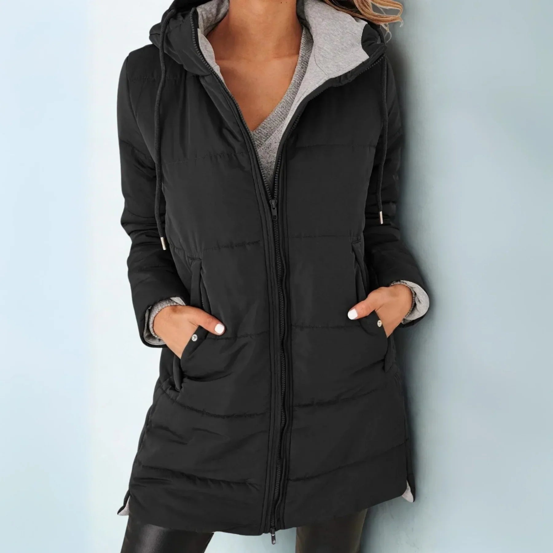 Black hooded puffer down jacket with full-zip front and side pockets