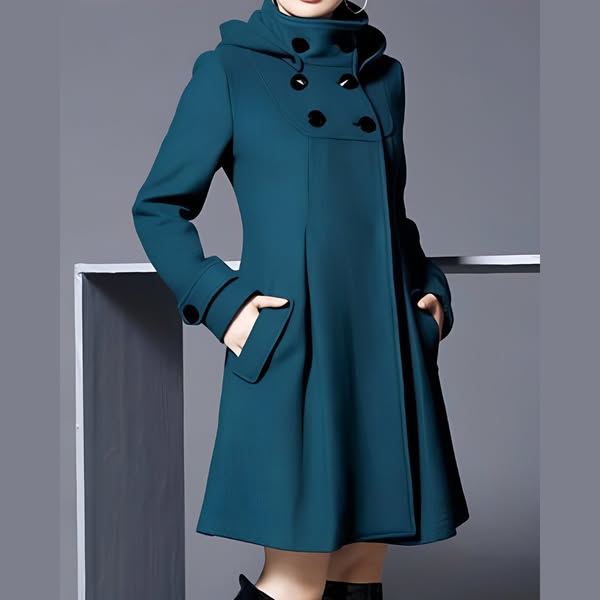 Teal hooded long coat with double button placket and flap pockets