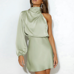 Light green satin halter mini dress with draped high neckline and long puff sleeve