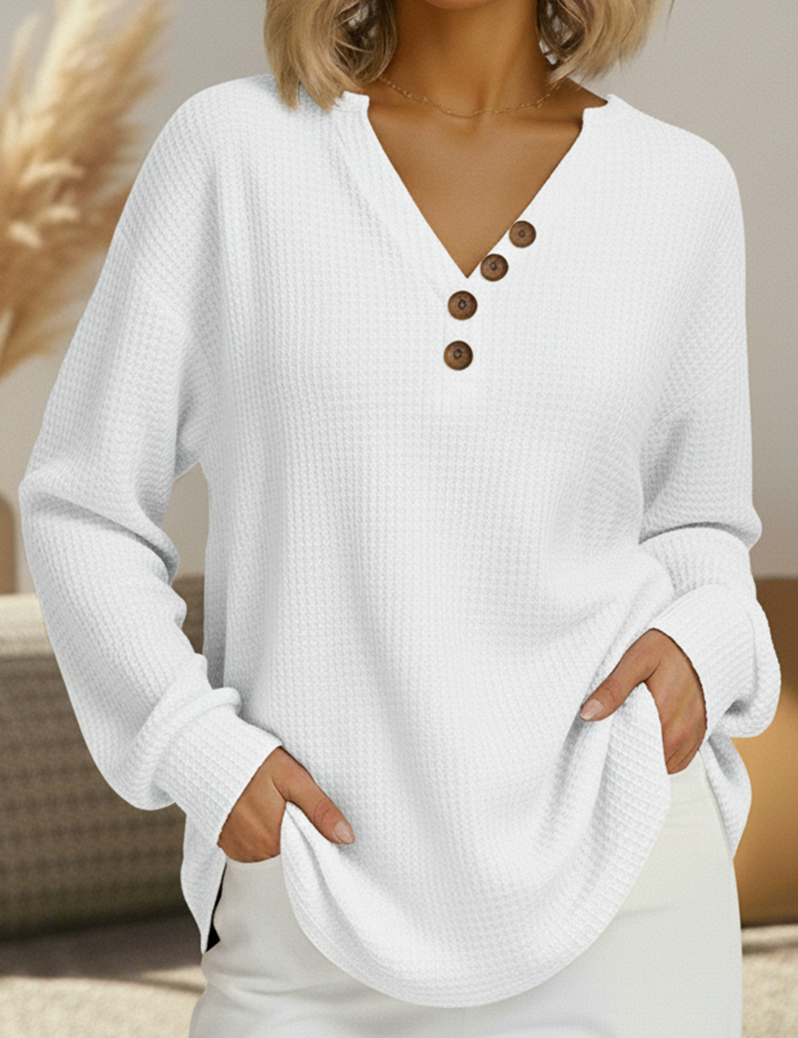 Signe™ soft henley sweater, white textured knit, long sleeves, button V-neck
