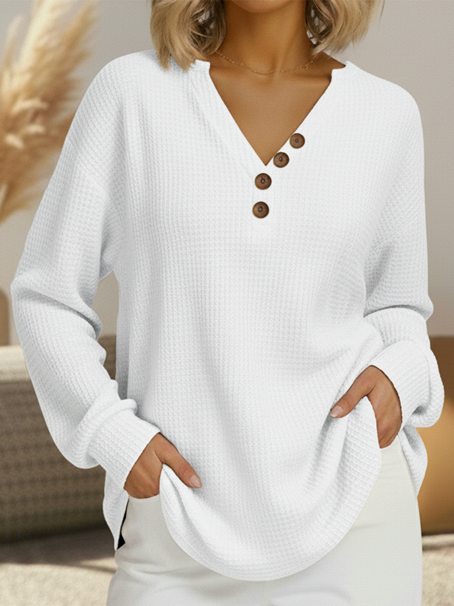 Signe™ soft henley sweater, white textured knit, long sleeves, button V-neck