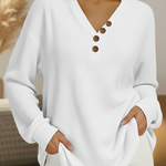 Signe™ soft henley sweater, white textured knit, long sleeves, button V-neck