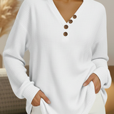 Signe™ soft henley sweater, white textured knit, long sleeves, button V-neck