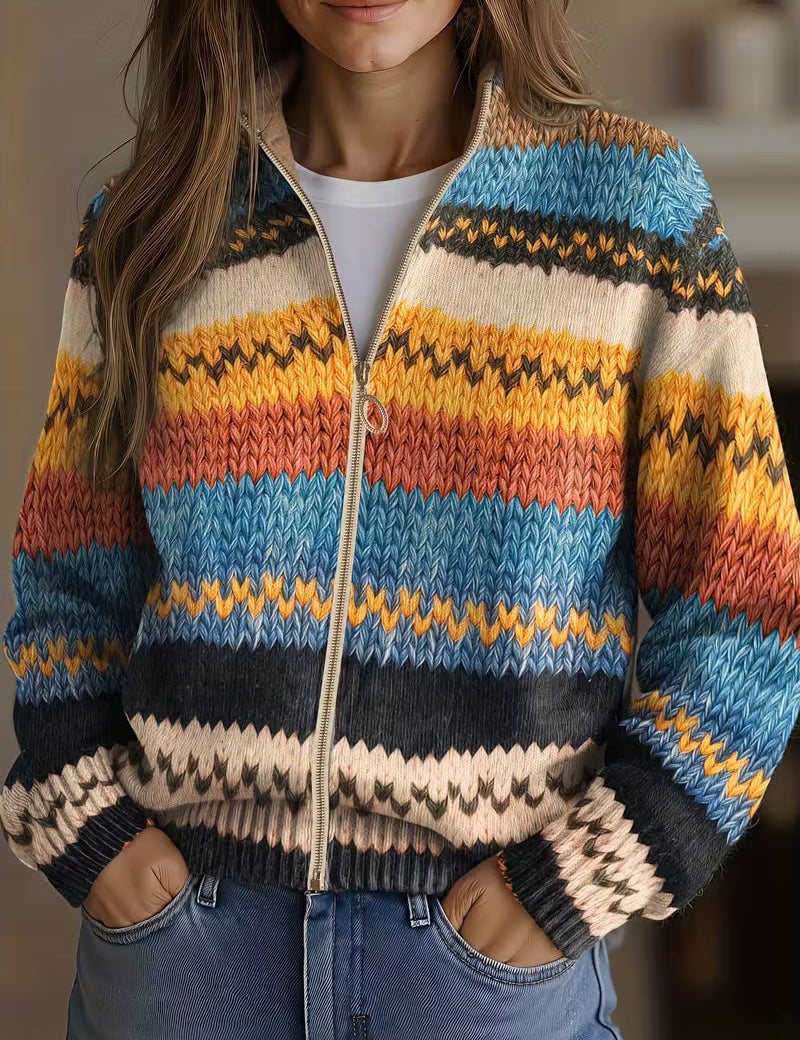 Multicolor zigzag knit cardigan with gold zipper, long sleeves