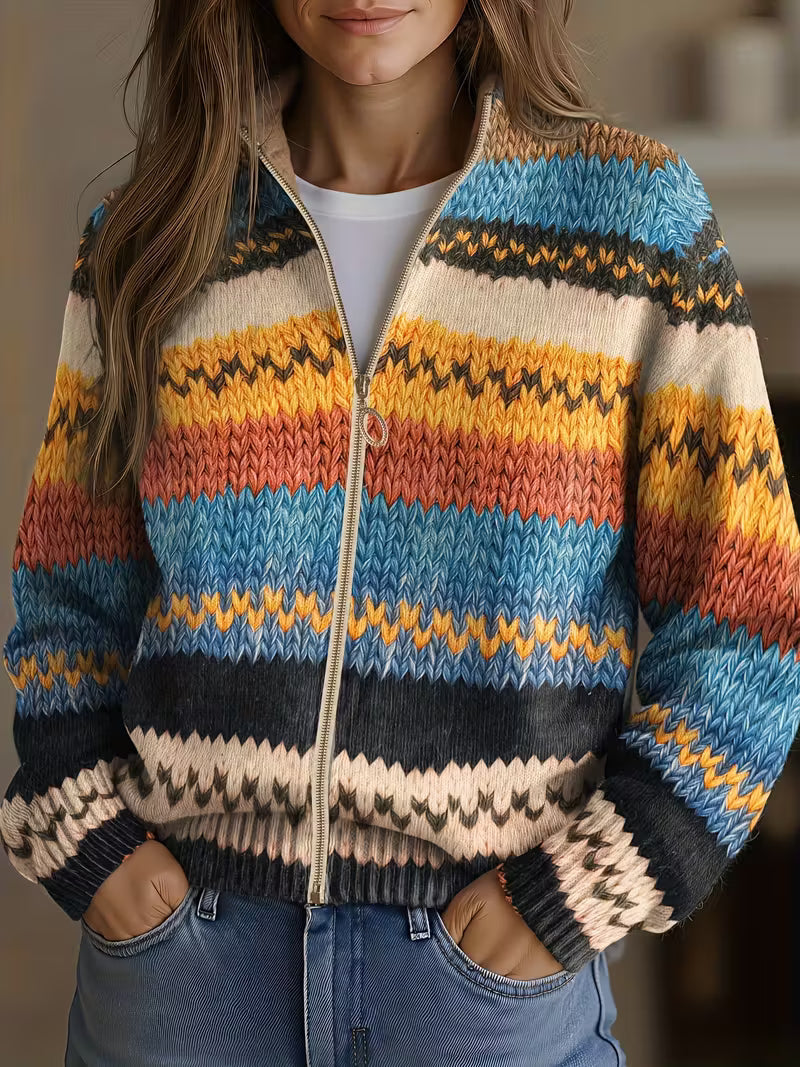 Multicolor zigzag knit cardigan with gold zipper, long sleeves