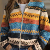 Multicolor zigzag knit cardigan with gold zipper, long sleeves