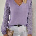 Lavender purple long-sleeve V-neck knit sweater with openwork lace sleeve panels