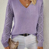 Lavender purple long-sleeve V-neck knit sweater with openwork lace sleeve panels