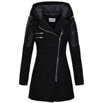 Womens winter parka coat, black, faux fur-lined hood, quilted sleeve panels