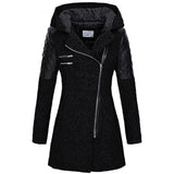 Womens winter parka coat, black, faux fur-lined hood, quilted sleeve panels