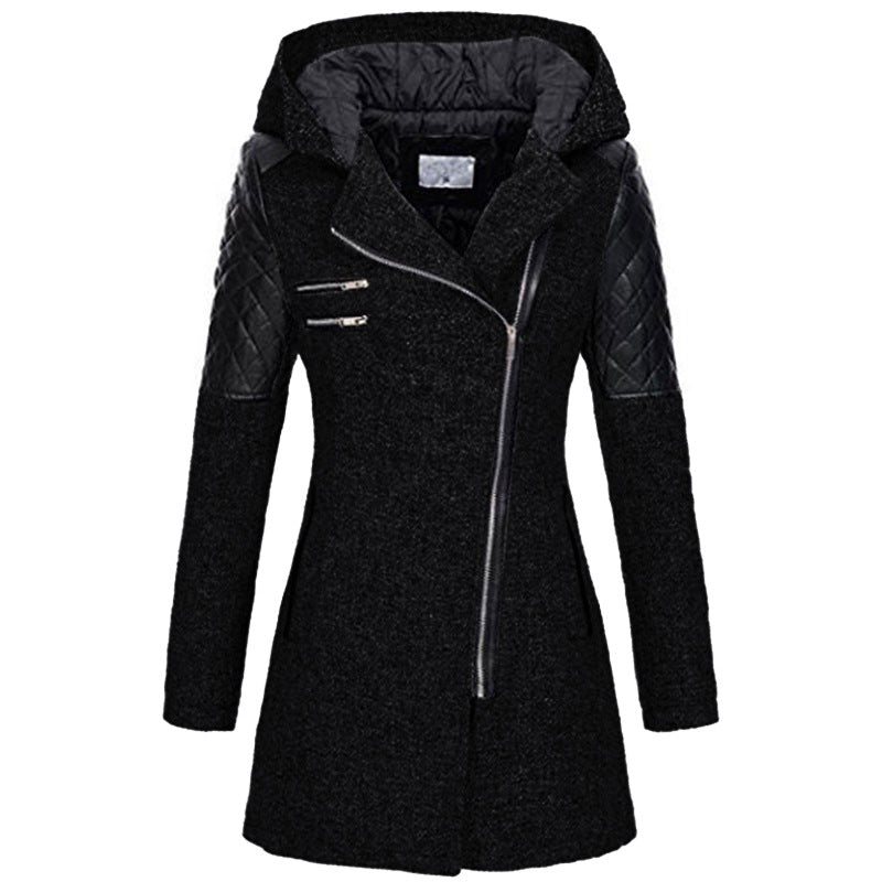 Womens winter parka coat, black, faux fur-lined hood, quilted sleeve panels