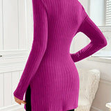 Slim-fit long-sleeve knit sweater with mock neck and ribbing, purple fuchsia back view