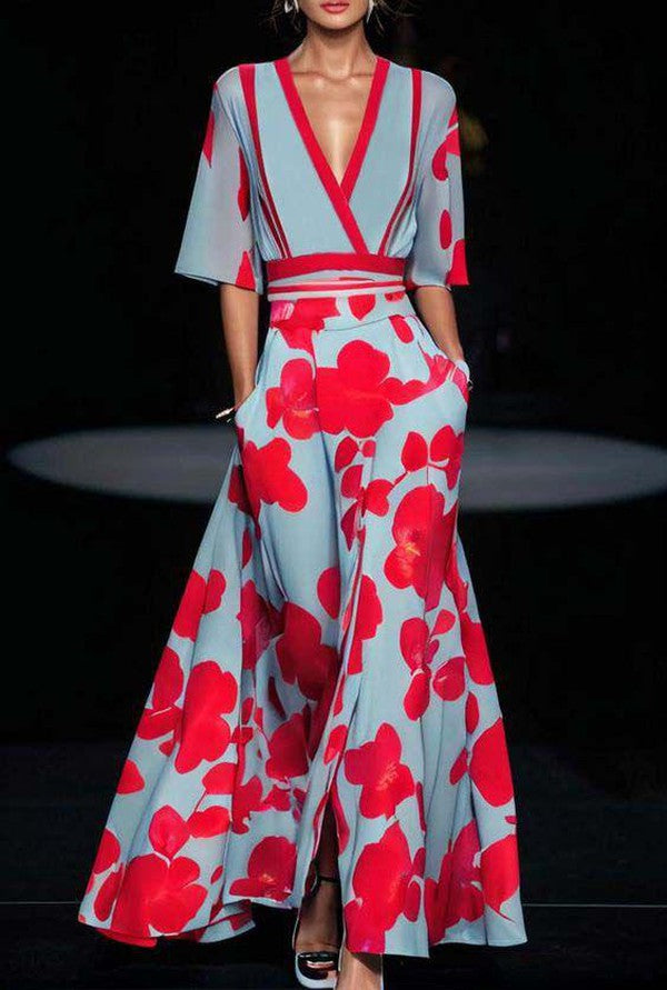 Maxi dress, light blue with red floral, V-neck and red sash, short sleeves, front slit