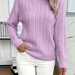 Relaxed cable-knit pullover, lavender crew neck with long sleeves