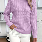 Relaxed cable-knit pullover, lavender crew neck with long sleeves