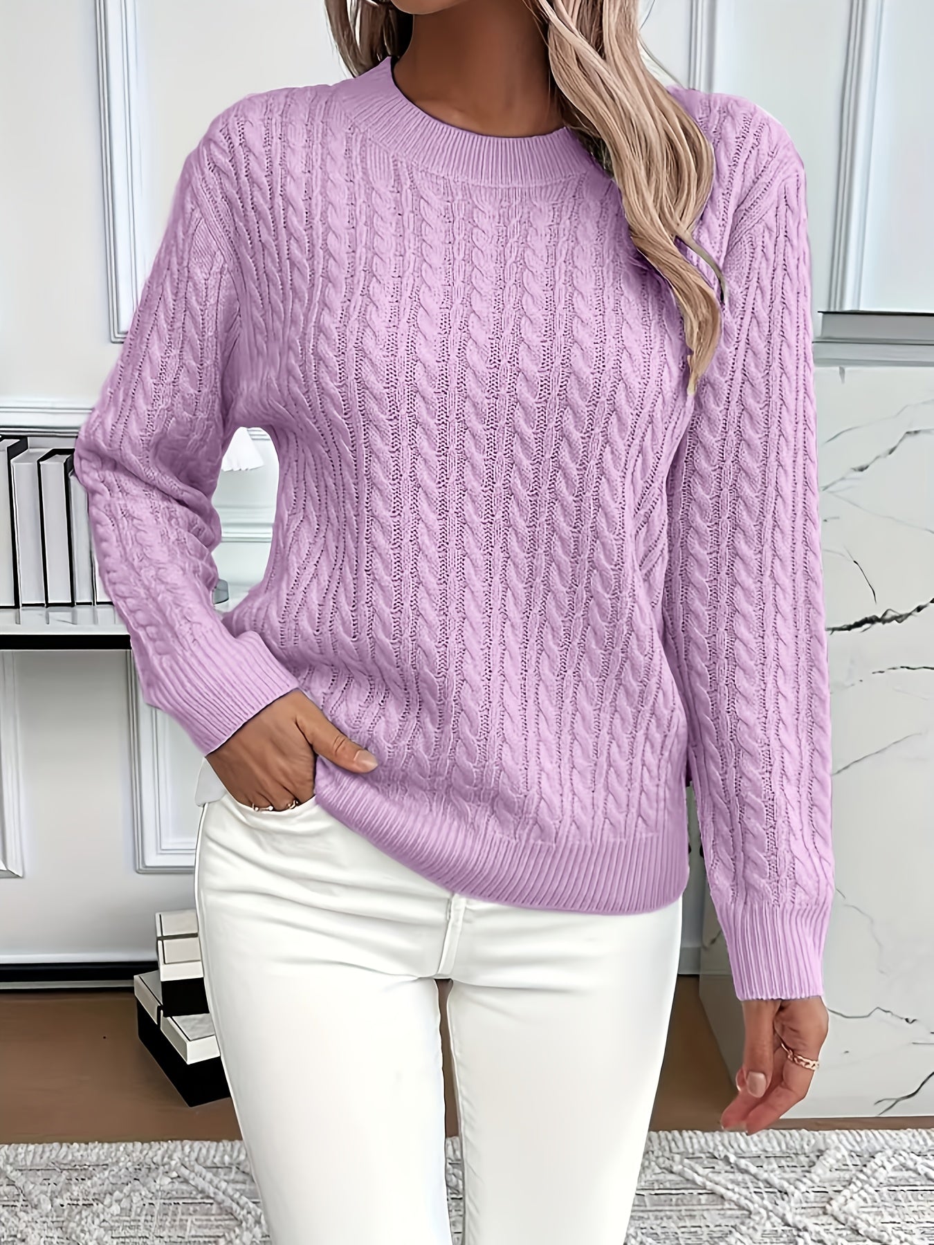 Relaxed cable-knit pullover, lavender crew neck with long sleeves