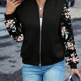 Black zip-front jacket with pink floral sleeve print and stand collar