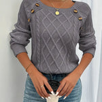 Cable-knit long-sleeve sweater, dark gray, round neck with decorative buttons on shoulders