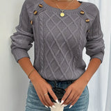 Cable-knit long-sleeve sweater, dark gray, round neck with decorative buttons on shoulders