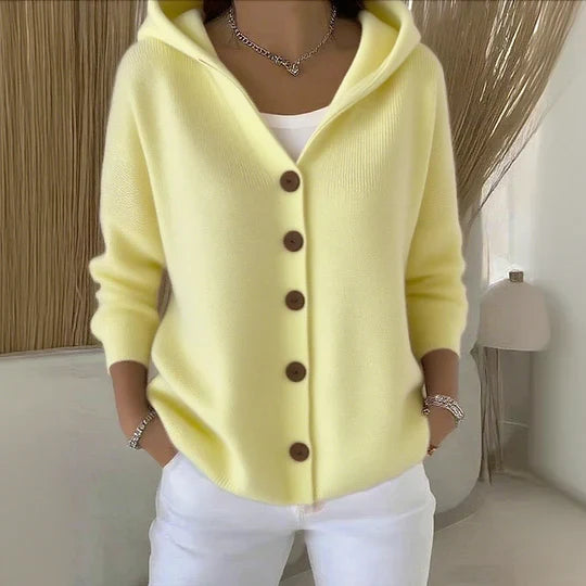 Women's yellow hooded knit cardigan with front buttons and ribbed cuffs