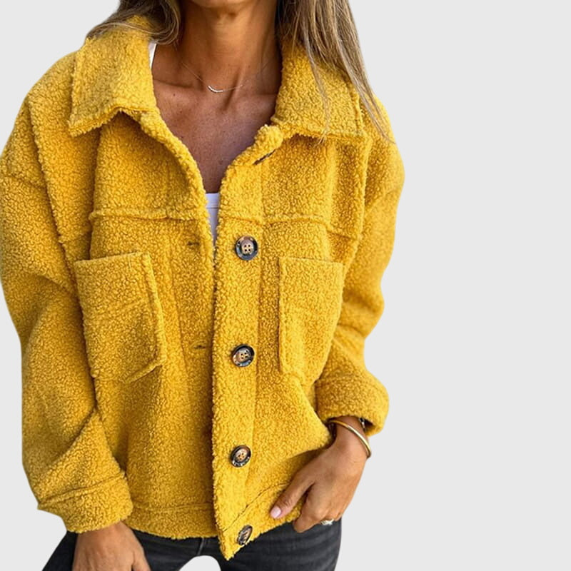 Yellow sherpa jacket with button front and chest flap pockets