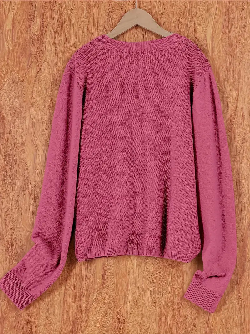 Women’s round-neck cardigan with long sleeves, mauve knit texture, cropped back view