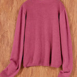 Women’s round-neck cardigan with long sleeves, mauve knit texture, cropped back view