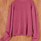 Women’s round-neck cardigan with long sleeves, mauve knit texture, cropped back view