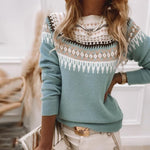 Light blue patterned crewneck knit pullover with long sleeves