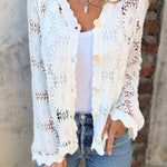 White openwork lace cardigan with V-neck and front buttons; long sleeves