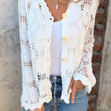 White openwork lace cardigan with V-neck and front buttons; long sleeves