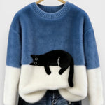 Blue and white two-tone sweatshirt with black cat graphic on the front